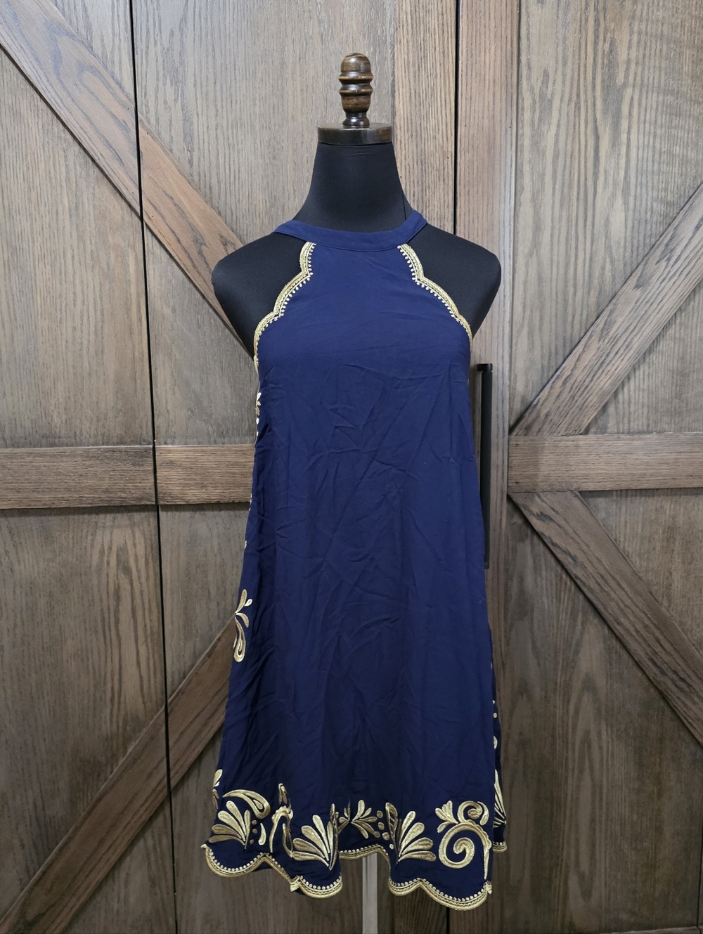 Lilly Pulitzer Quinn Navy Halter Mini Dress with Gold Trim